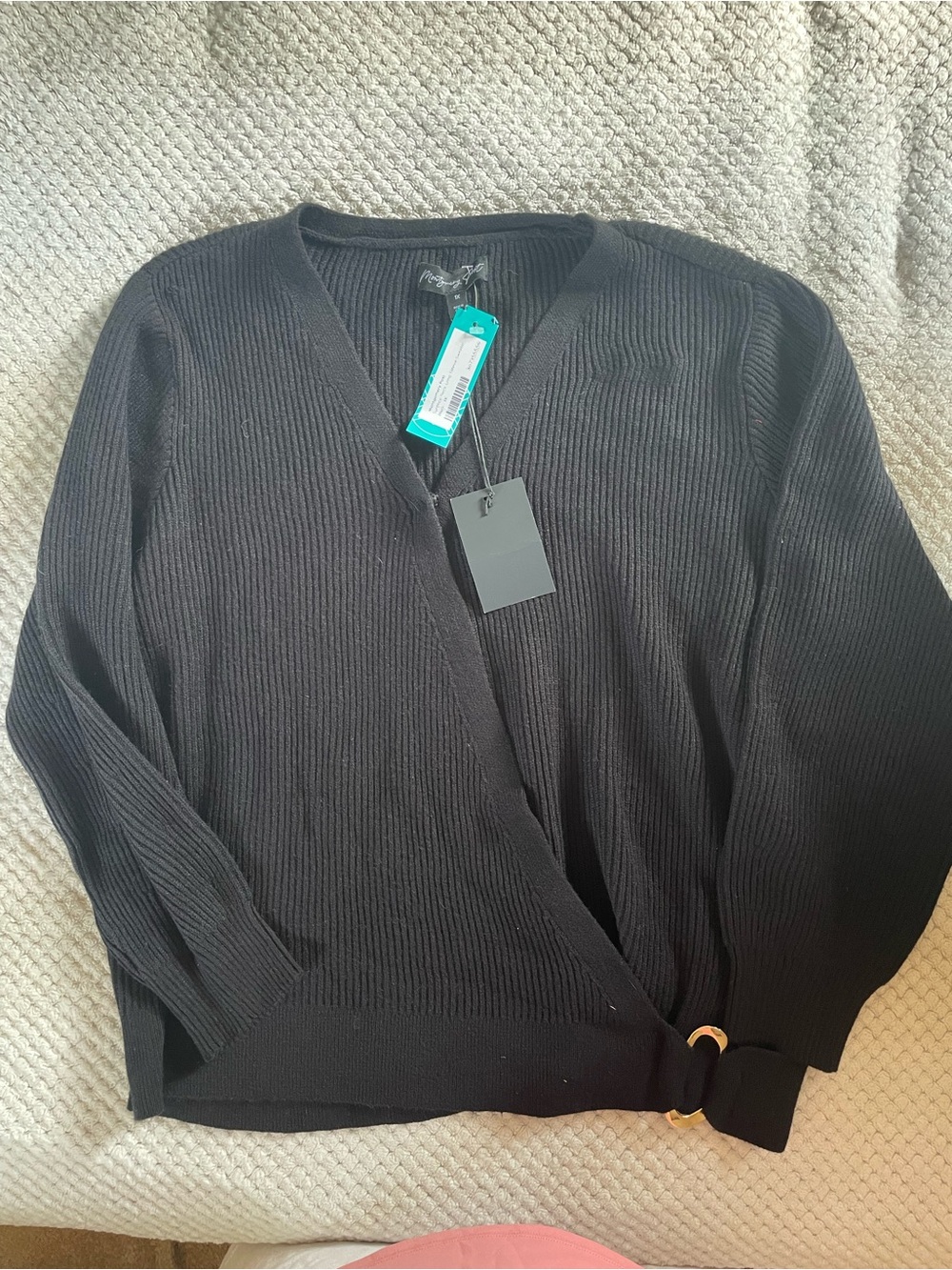 Women's Black V-Neck Wrap Sweater with Metal Ring